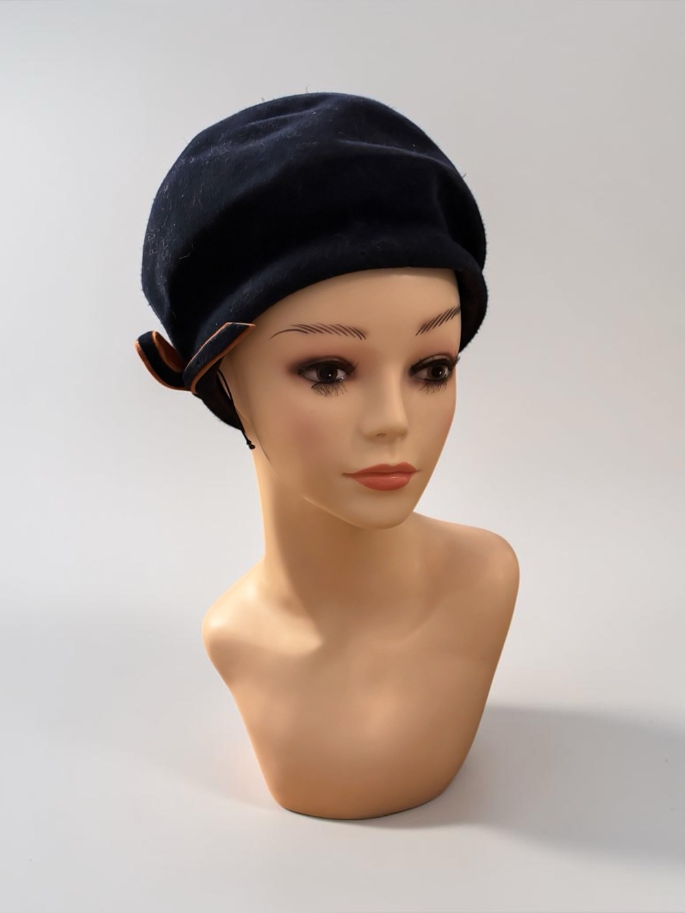 Vintage Dark Navy Felt Asymmetric Cloche Beret Hat with Side Bow
